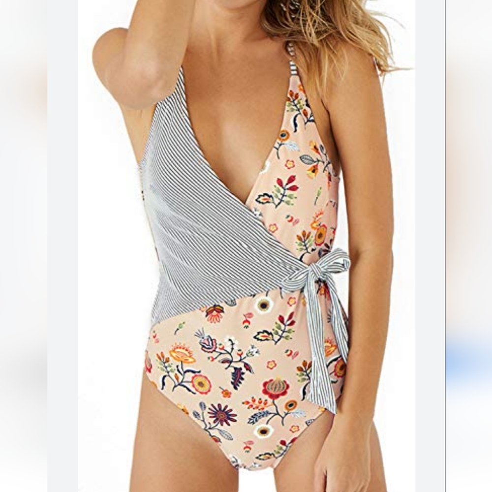Cupshe Floral and Striped One Piece Swimsuit